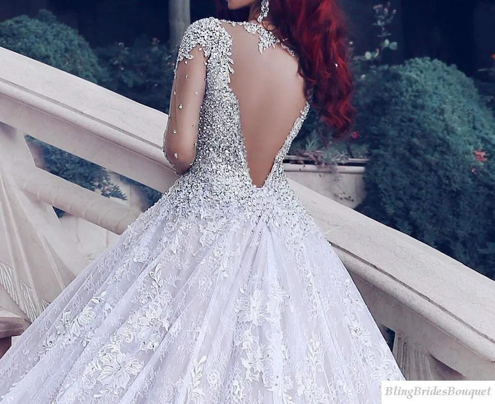 Long Sleeved Lace Wedding Gown with  Luxury beading