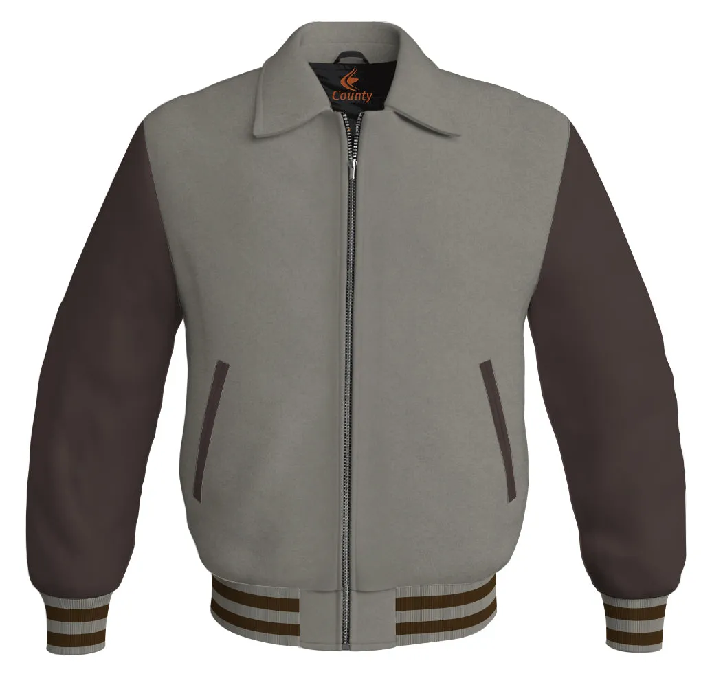 Luxury Bomber Classic Jacket Gray Body and Brown Leather Sleeves