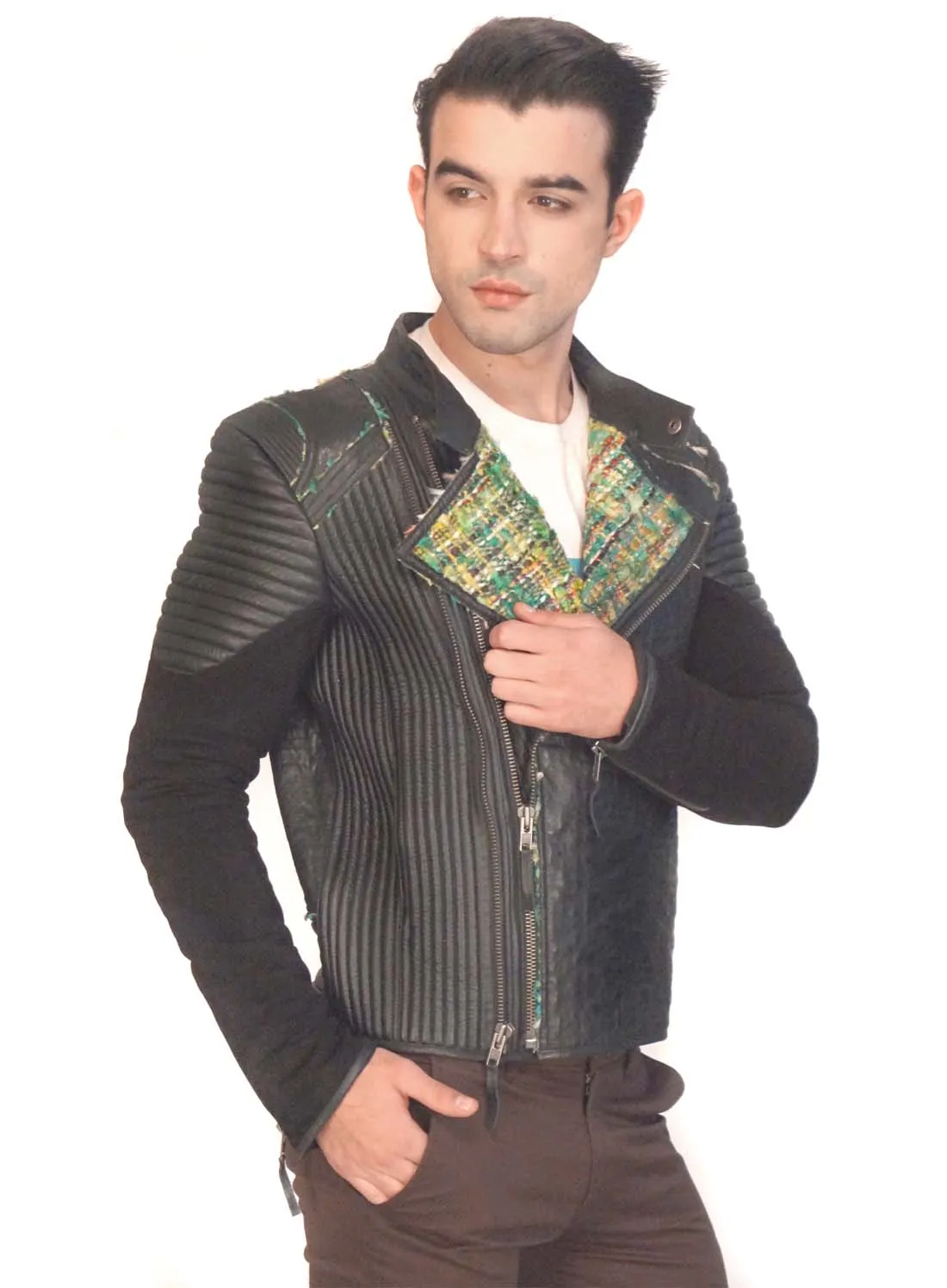 Men Designer Structured Leather Biker Jacket with lining Handmade Fabric