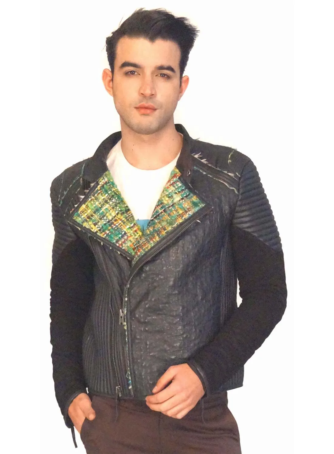 Men Designer Structured Leather Biker Jacket with lining Handmade Fabric