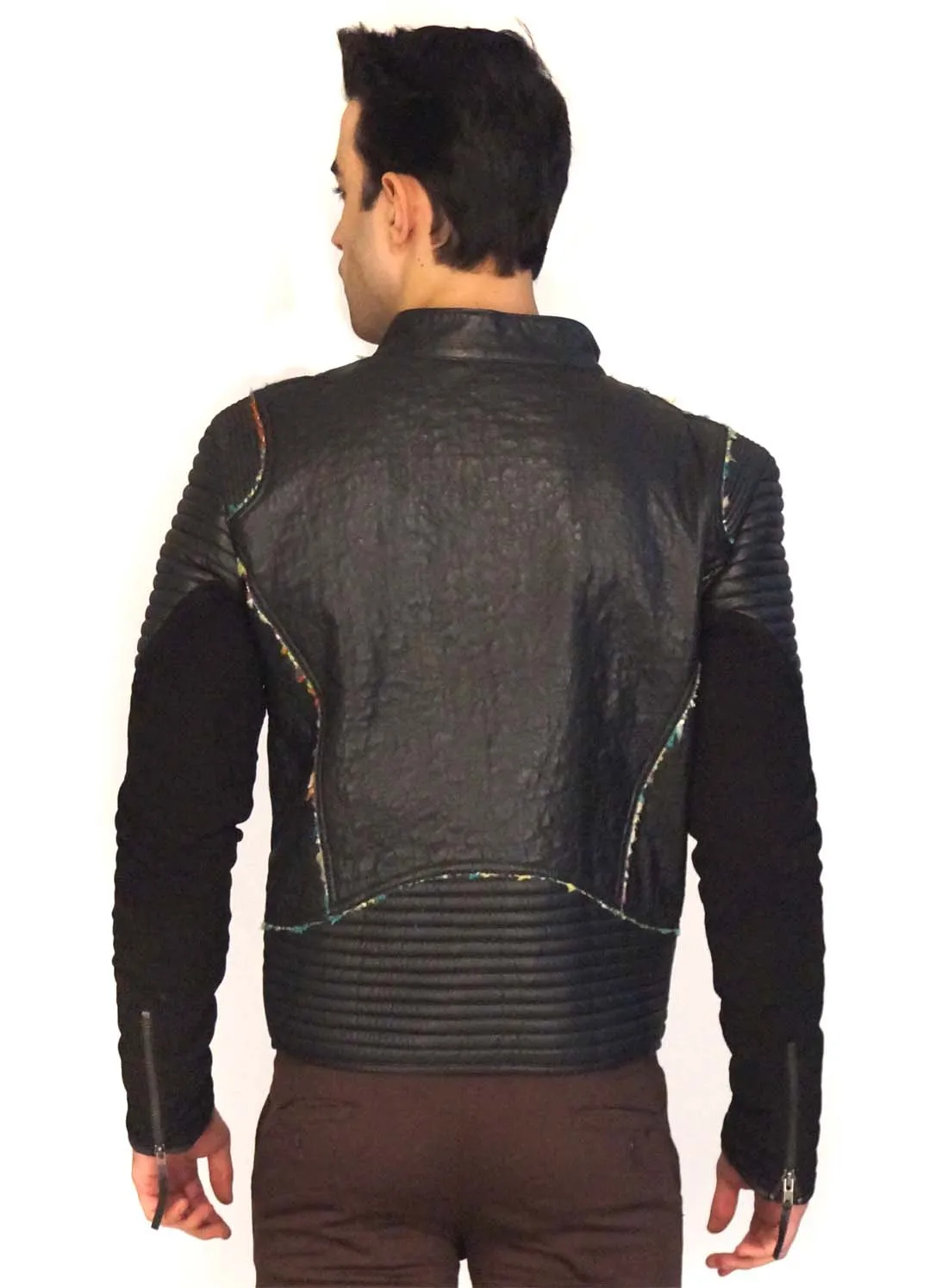 Men Designer Structured Leather Biker Jacket with lining Handmade Fabric