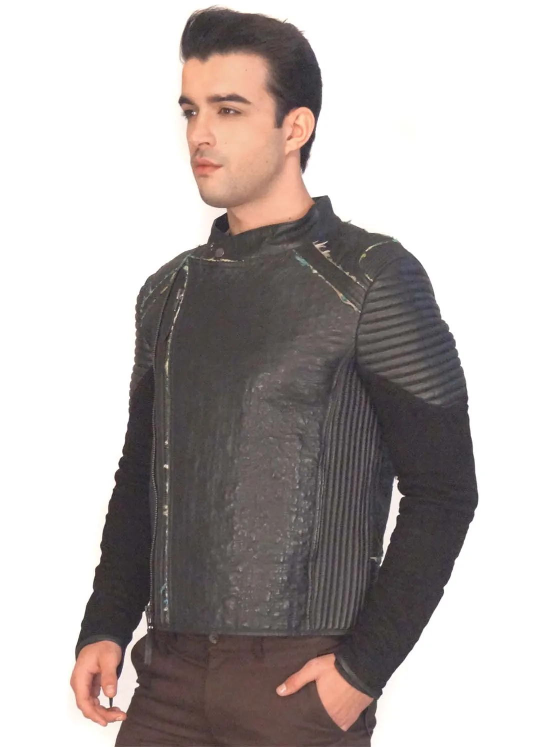 Men Designer Structured Leather Biker Jacket with lining Handmade Fabric