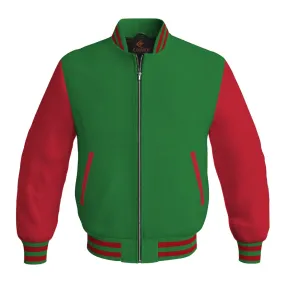 Mens Bomber Jacket Green Body and Red Leather Sleeves Bomber Jacket