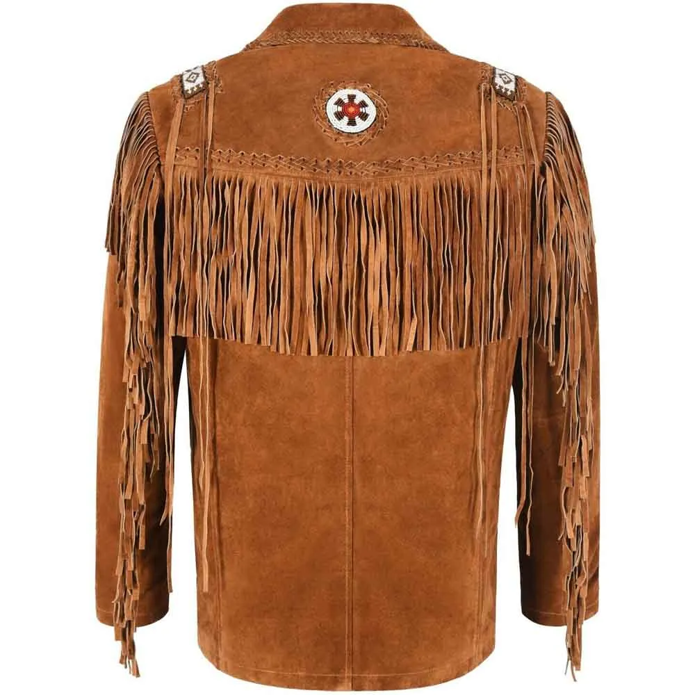 Mens Classic Western Cowboy Suede Leather Jacket in Tan