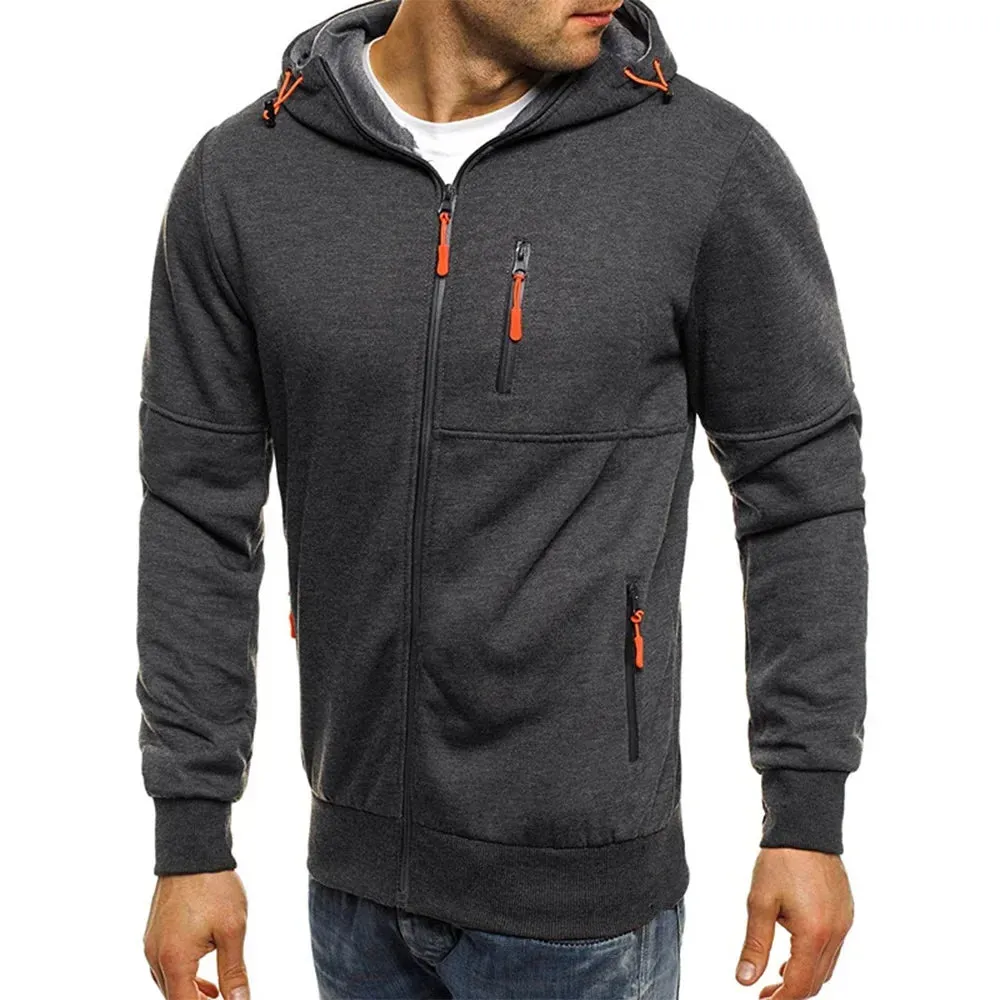 Men's hooded zipper jacket with pockets, custom logo image text, casual sports streetwear, men's cardigan wool sweater, fashion