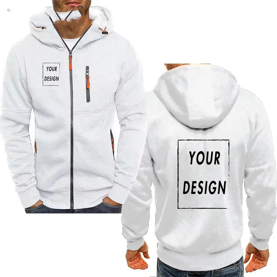 Men's hooded zipper jacket with pockets, custom logo image text, casual sports streetwear, men's cardigan wool sweater, fashion