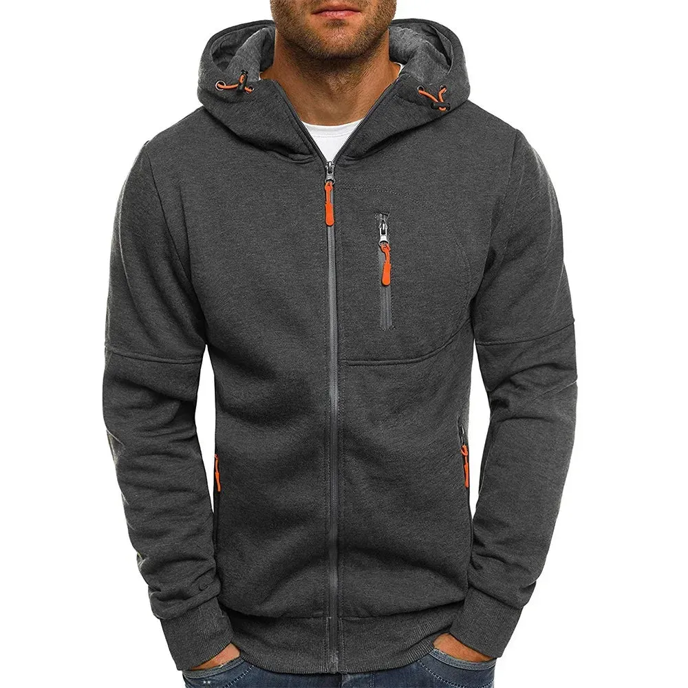 Men's hooded zipper jacket with pockets, custom logo image text, casual sports streetwear, men's cardigan wool sweater, fashion