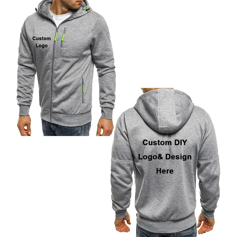 Men's hooded zipper jacket with pockets, custom logo image text, casual sports streetwear, men's cardigan wool sweater, fashion