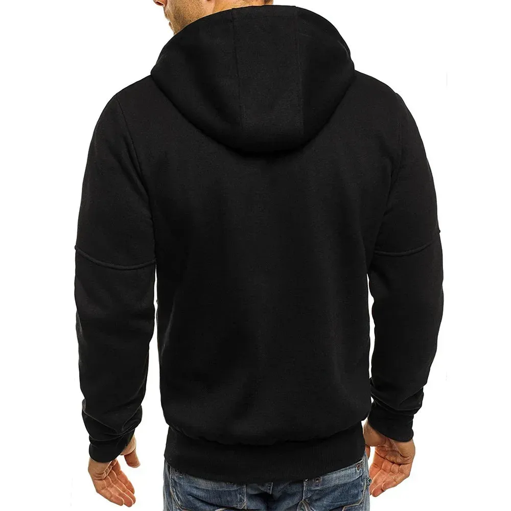 Men's hooded zipper jacket with pockets, custom logo image text, casual sports streetwear, men's cardigan wool sweater, fashion