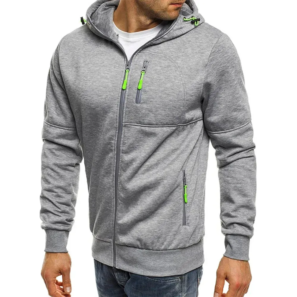 Men's hooded zipper jacket with pockets, custom logo image text, casual sports streetwear, men's cardigan wool sweater, fashion