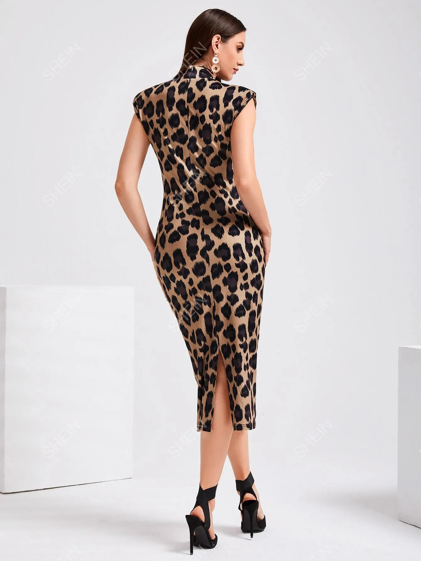 Modely Leopard Print Shoulder Pad Split Back Bodycon Dress Without Belt