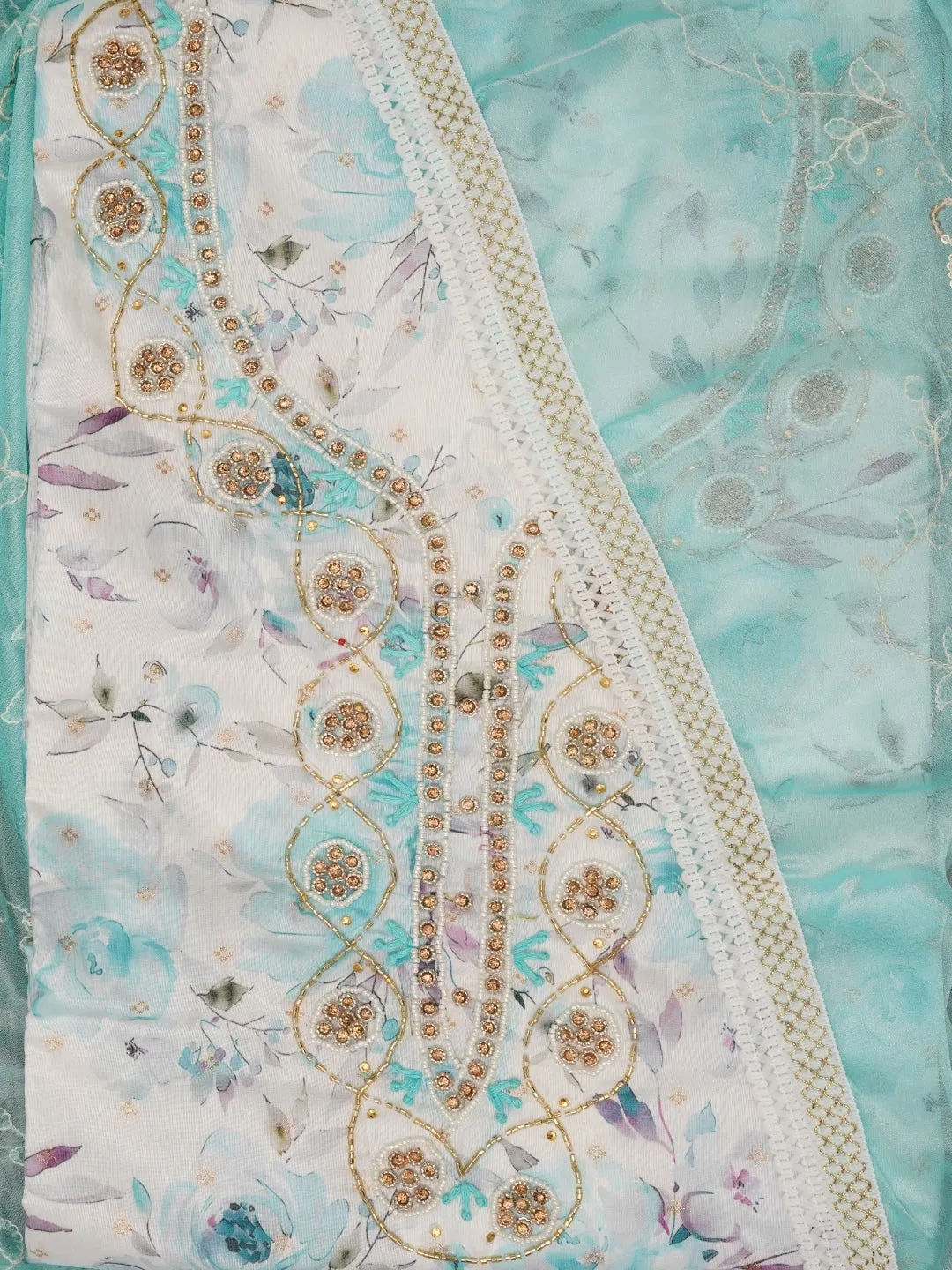 Multi Color Cotton Blend Embellished Dress Material with Dupatta