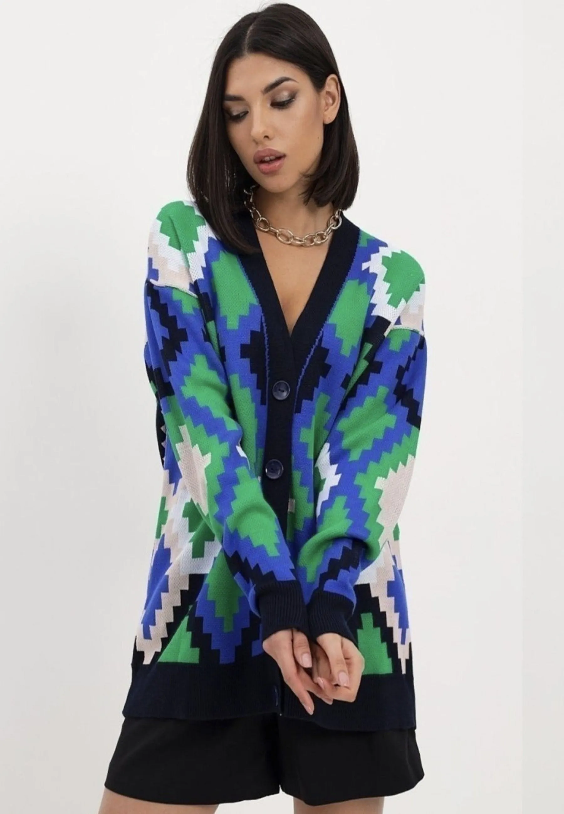 Multicoloured Button-Up Cardigan - Blue