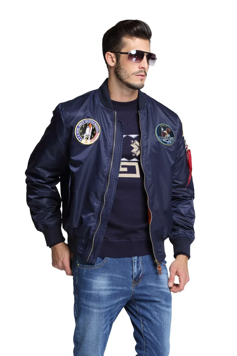 NASA Apollo Thin 100th SPACE SHUTTLE MISSION. Bomber Hip hop US Air Force Pilot Flight Jacket For Men.