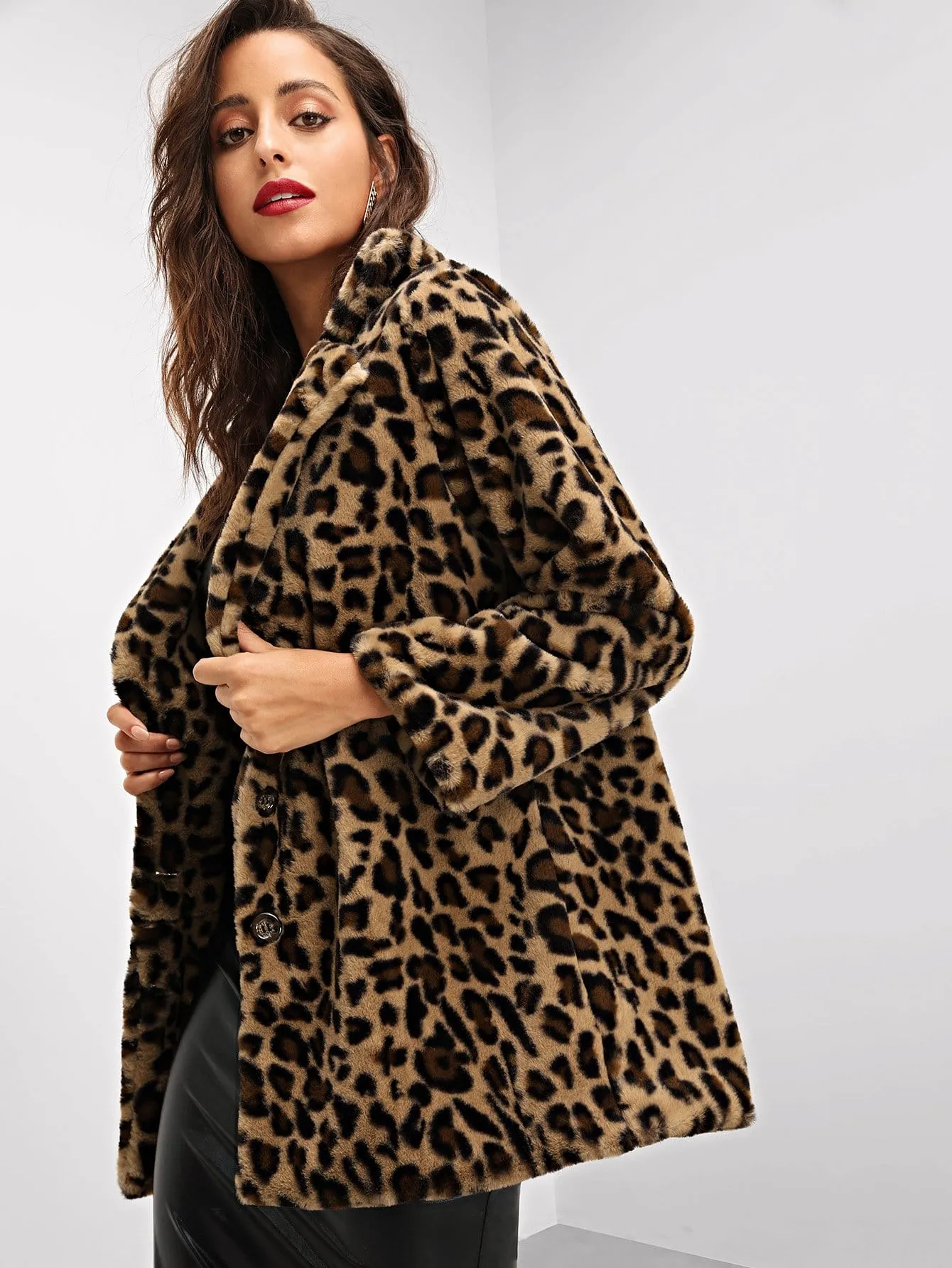 Notch Collar Leopard Print Teddy Coat