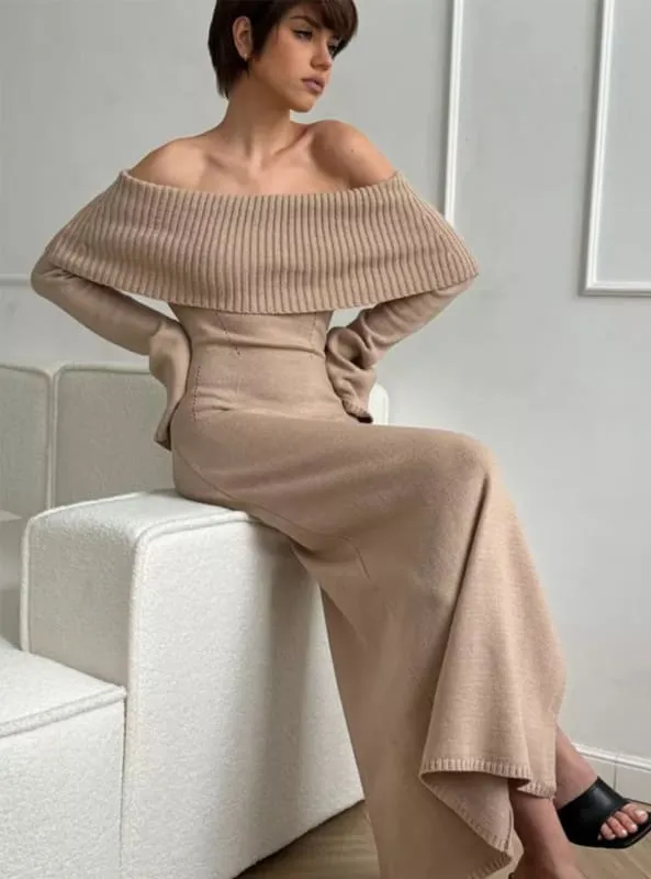 Off-the-shoulder Long Sleeve Knitted Bodycon Maxi Dress in White