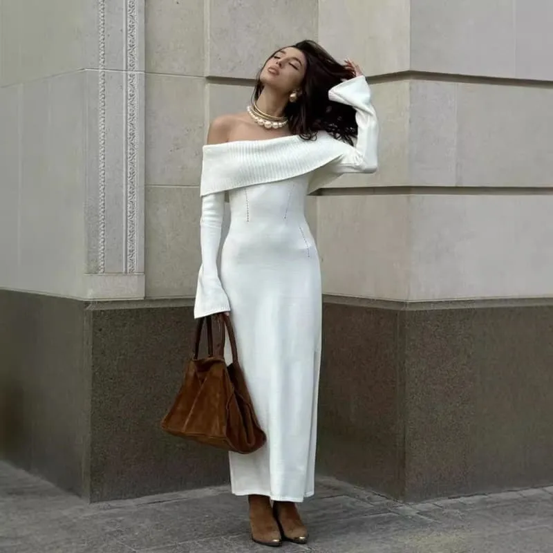 Off-the-shoulder Long Sleeve Knitted Bodycon Maxi Dress in White