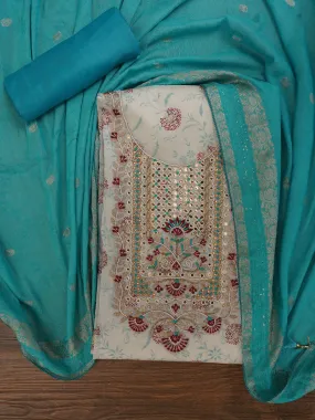 Off White Festive Silk Blend Zari Woven Dress Material With Dupatta