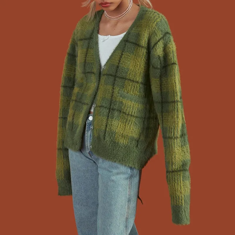 Olive Fuzzy Plaid Cardigan