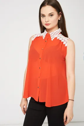 Orange Top With White Lace Detail