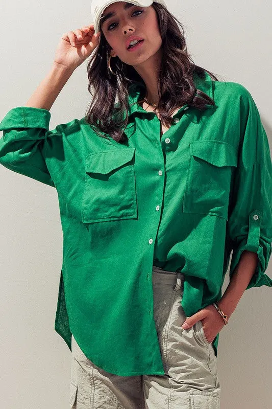 Oversized Chest Patch Button Up Top