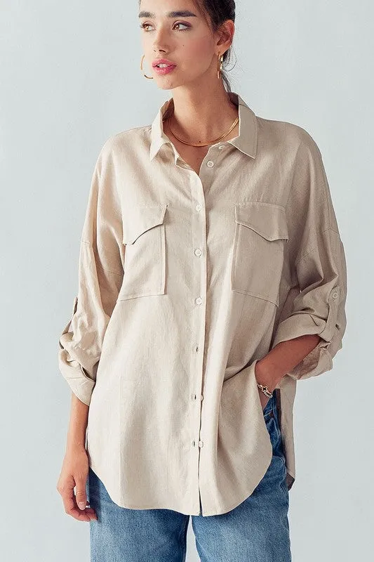 Oversized Chest Patch Button Up Top