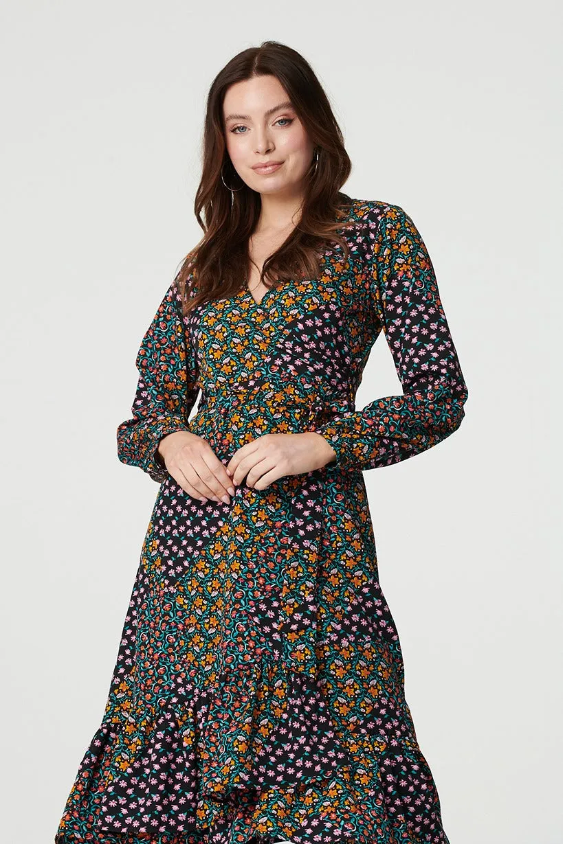 Patchwork Print Ruffled Wrap Dress