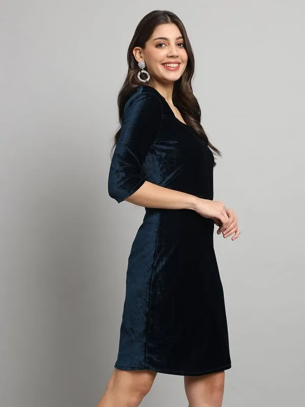 Peacock Blue Velvet Square Bodycon Dress