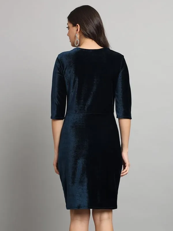 Peacock Blue Velvet Square Bodycon Dress