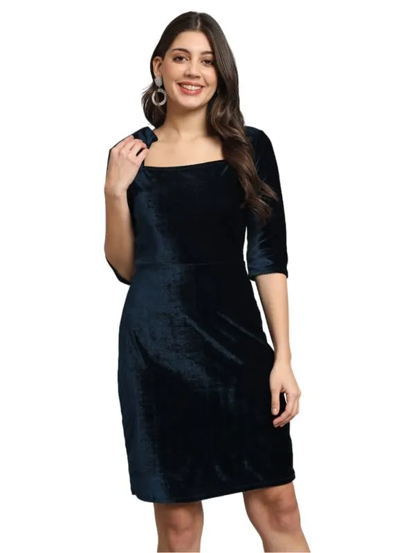 Peacock Blue Velvet Square Bodycon Dress