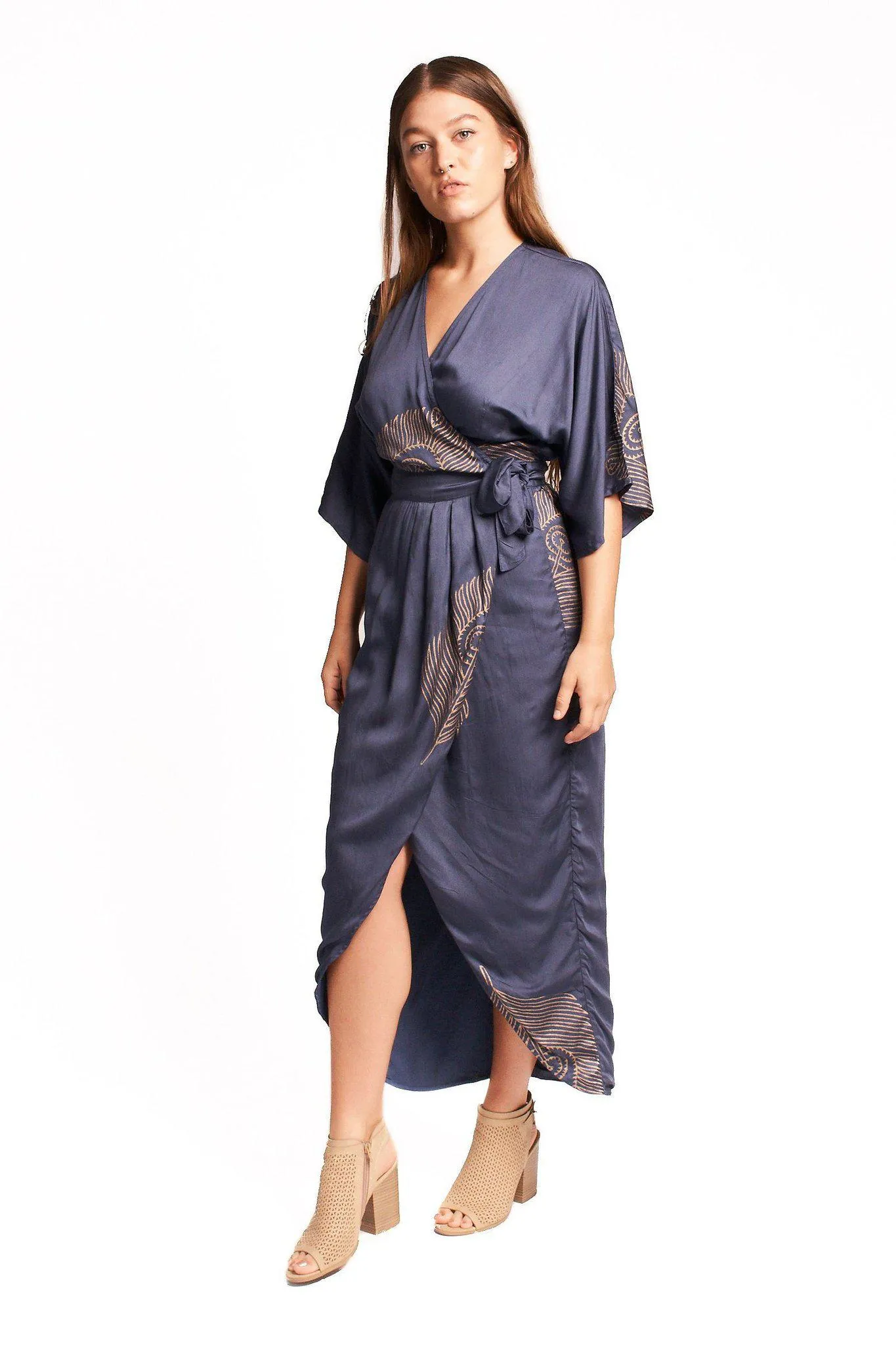 Peacock Feather Wrap Dress in Navy   Gold