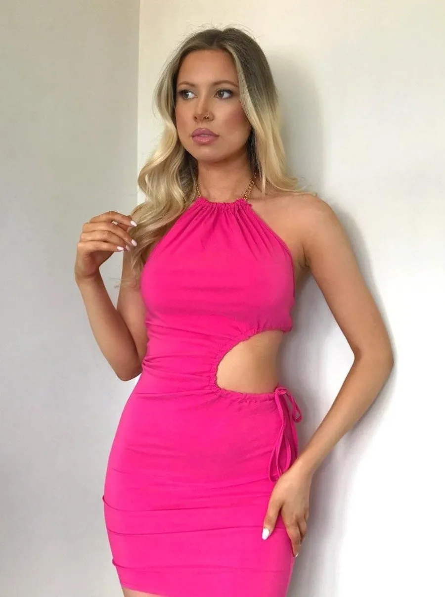 Pink Chain Halterneck Bodycon Mini Dress