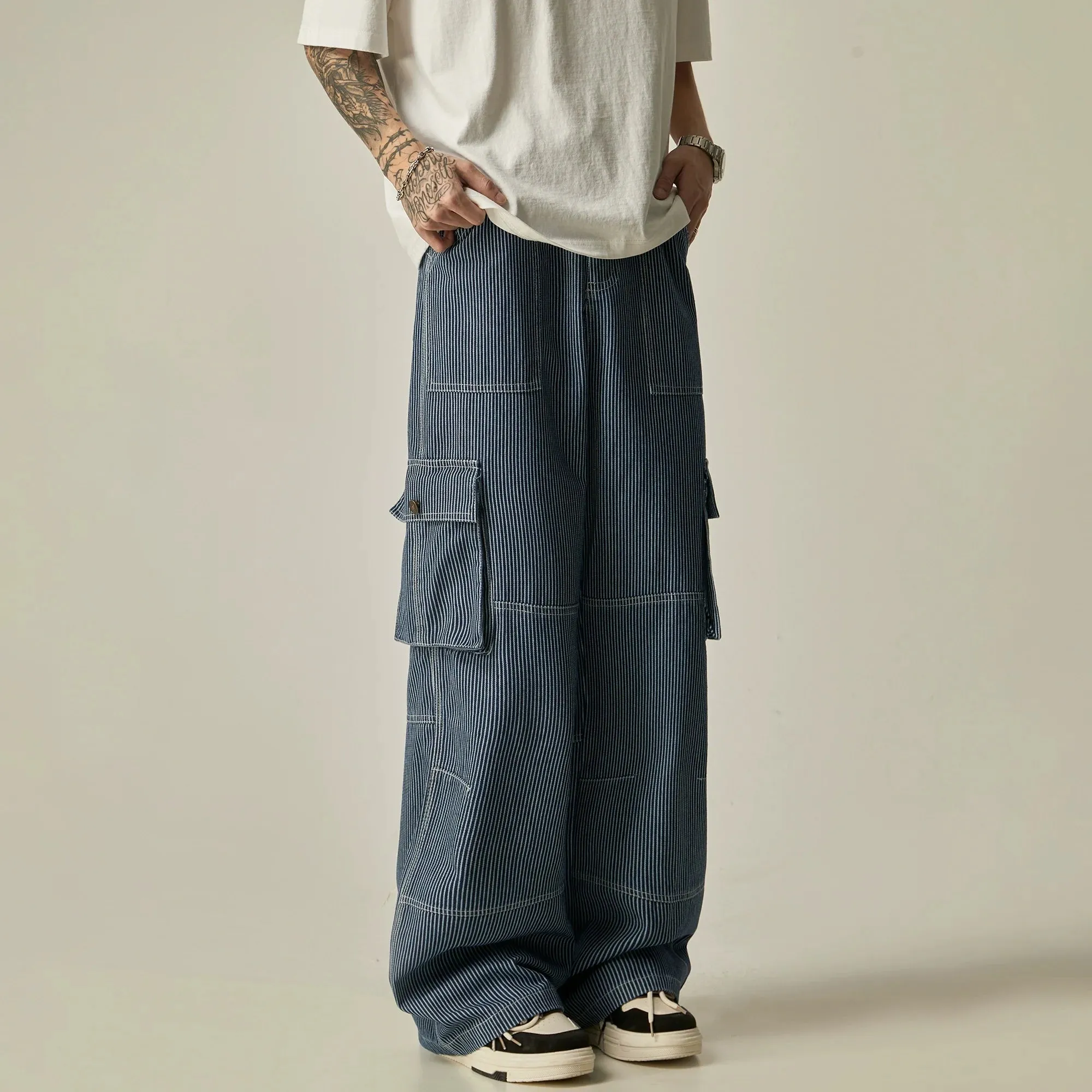 Pinstriped Wide-Leg Cargo Utility Pants