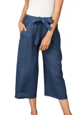 Pistache Wide Leg Linen Cropped Pant- Mediterranean Blue