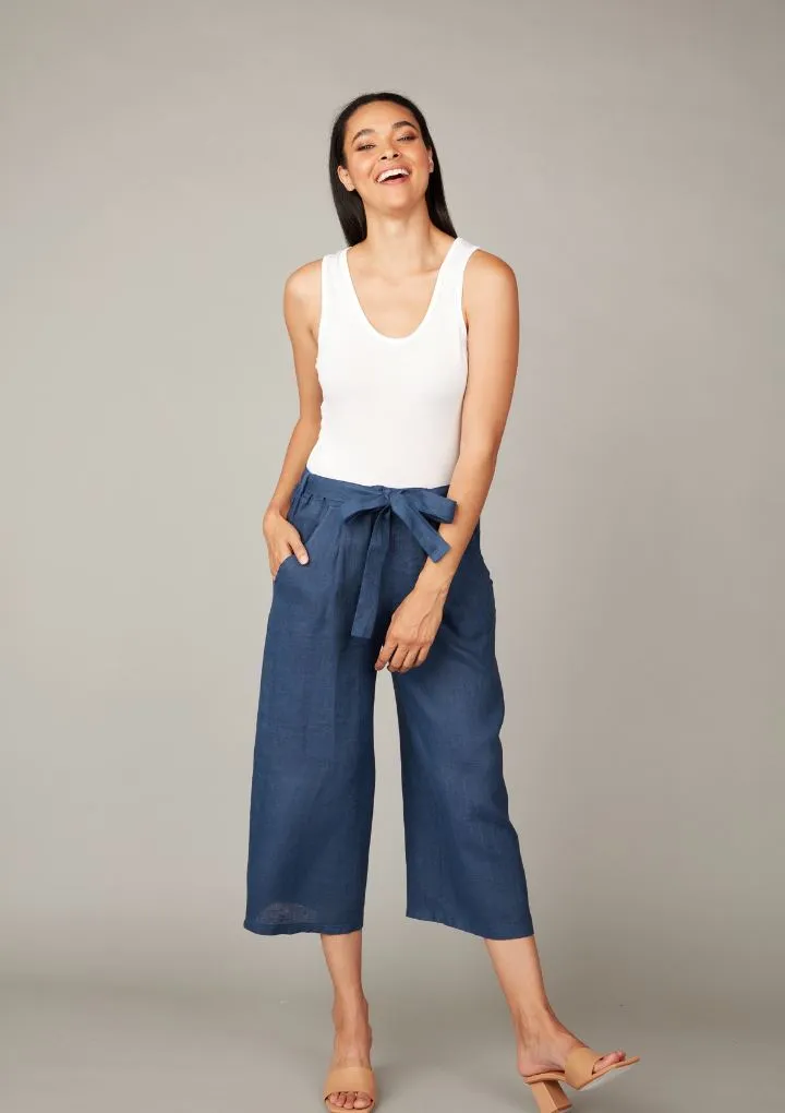 Pistache Wide Leg Linen Cropped Pant- Mediterranean Blue