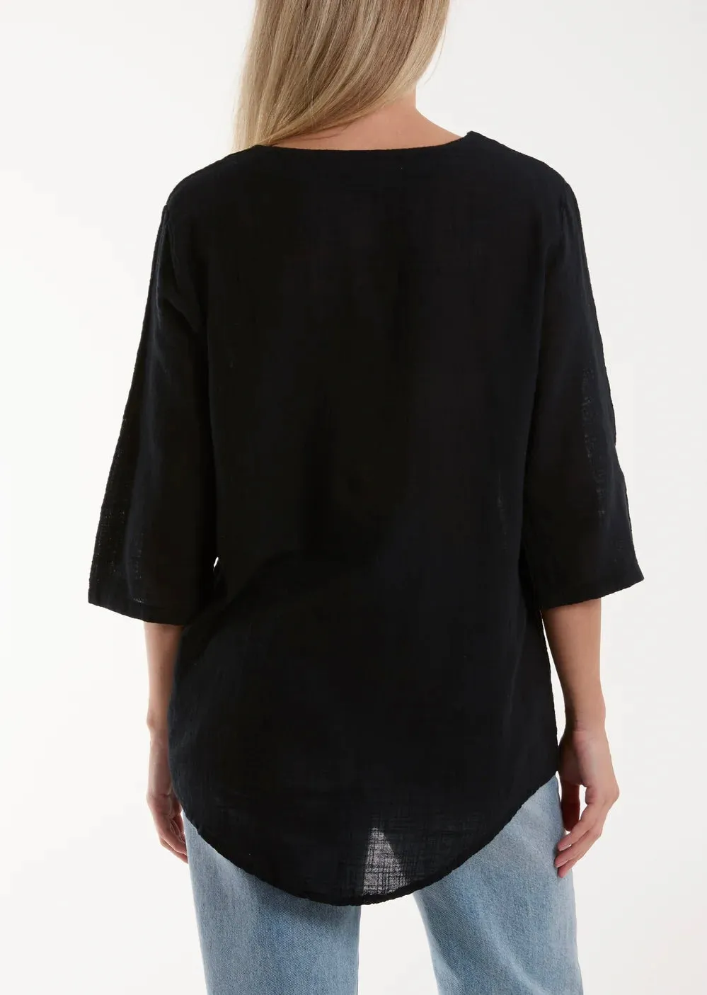 Plain Black Cotton Button Front Top