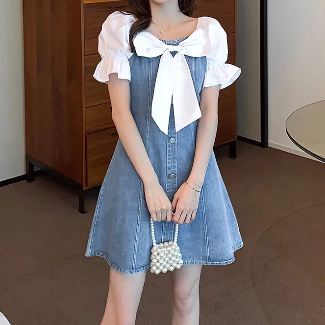 Puff Sleeve Bow Patchwork Denim Dress