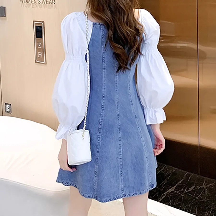 Puff Sleeve Bow Patchwork Denim Dress