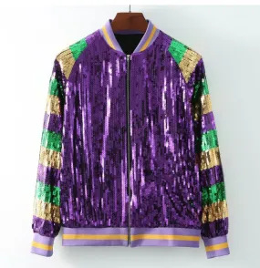 Purple Sequin Striped Baseball Jacket