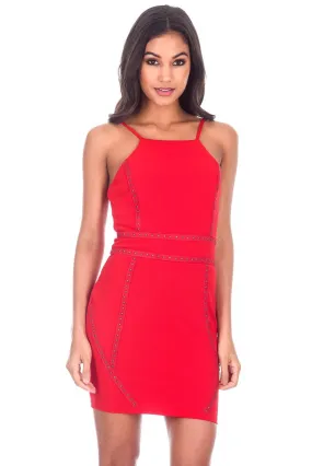 Red Strappy Stud Front Bodycon Mini Dress