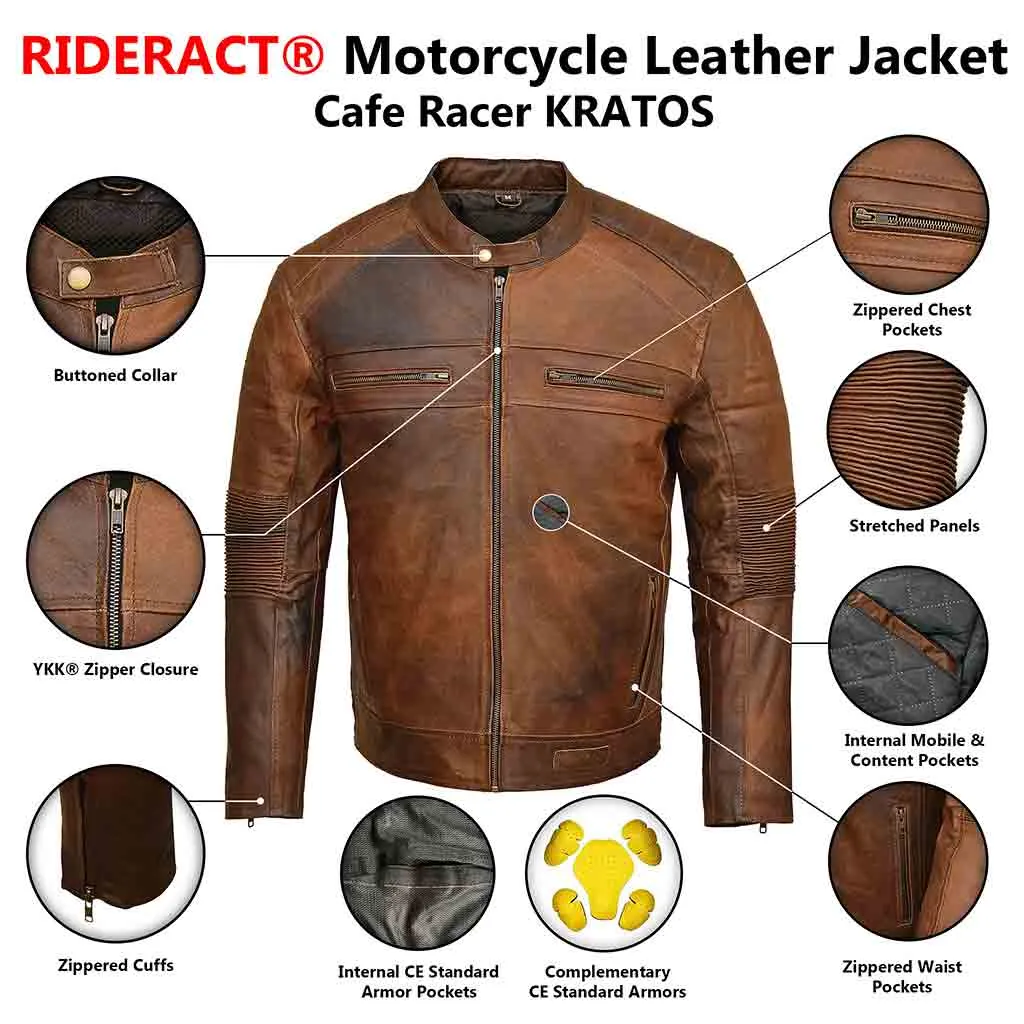 RIDERACT® Mens Leather Motorcycle Jacket Cafe Racer KRATOS