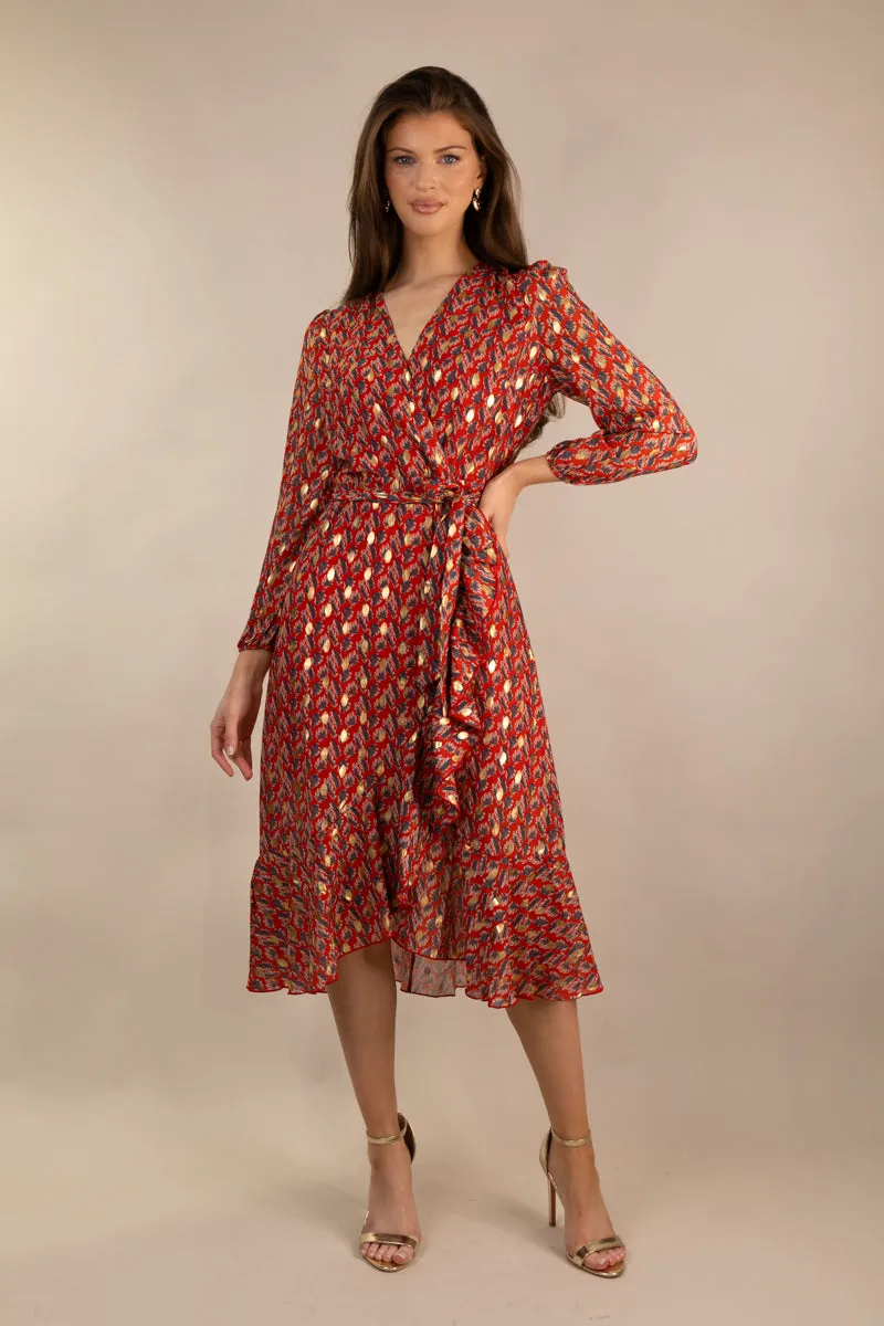 Ruby Red & Gold Print Chiffon Dress