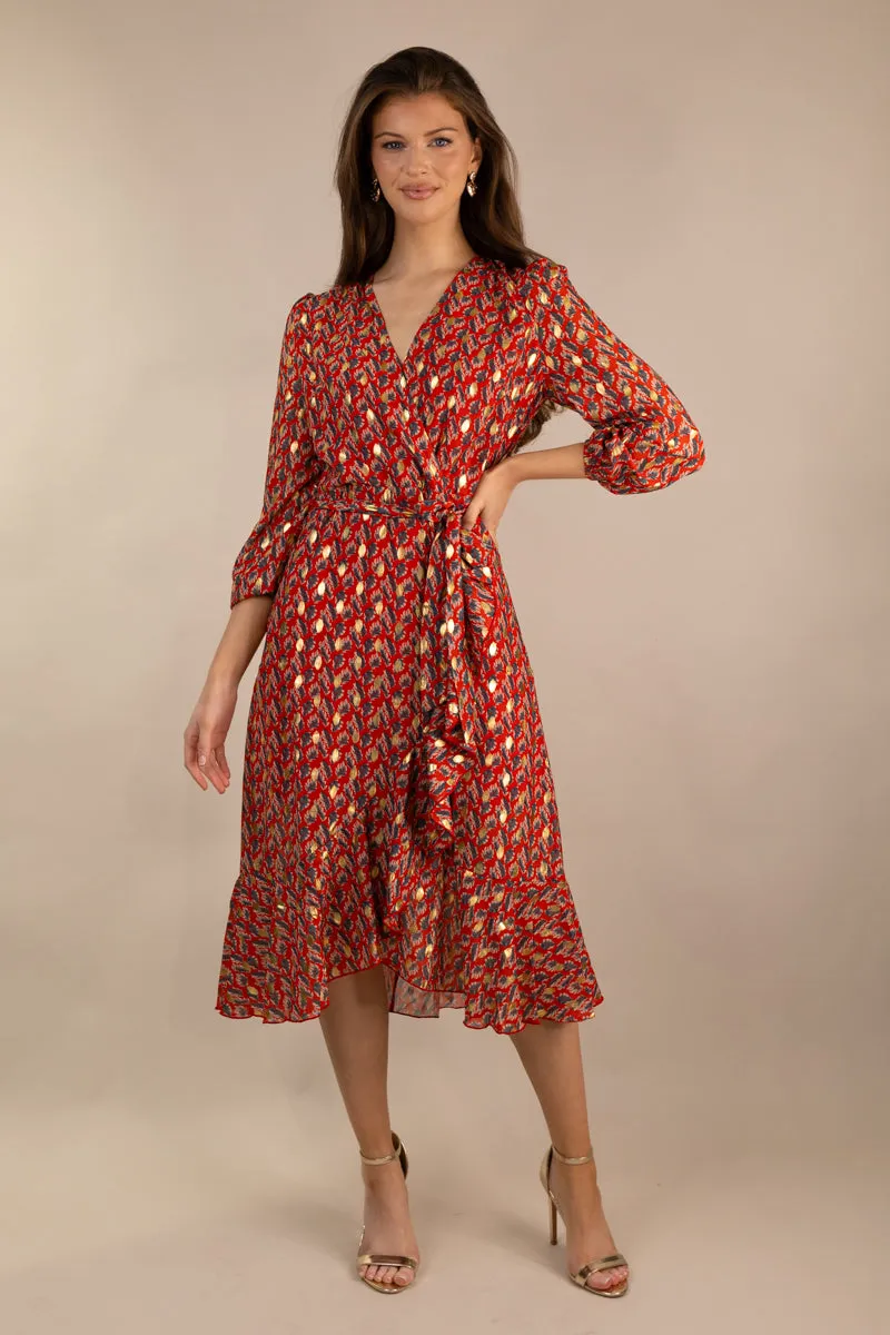 Ruby Red & Gold Print Chiffon Dress