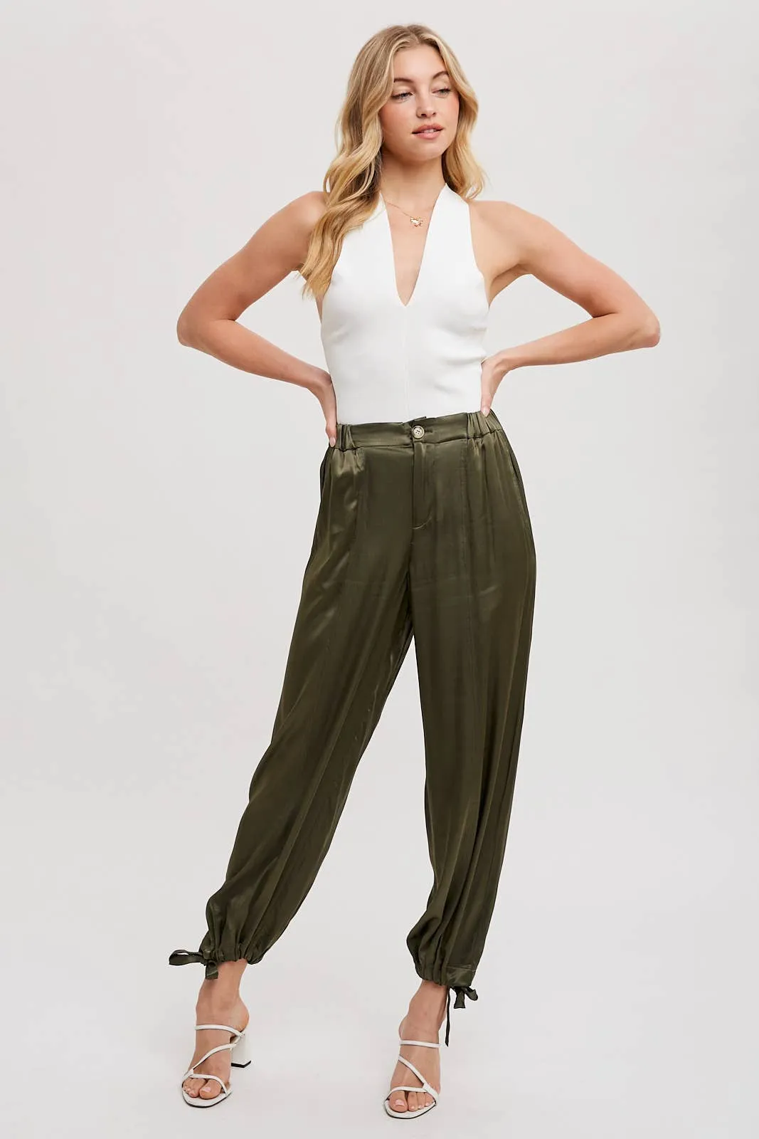 SATIN ANKLE HEM CARGO PANTS