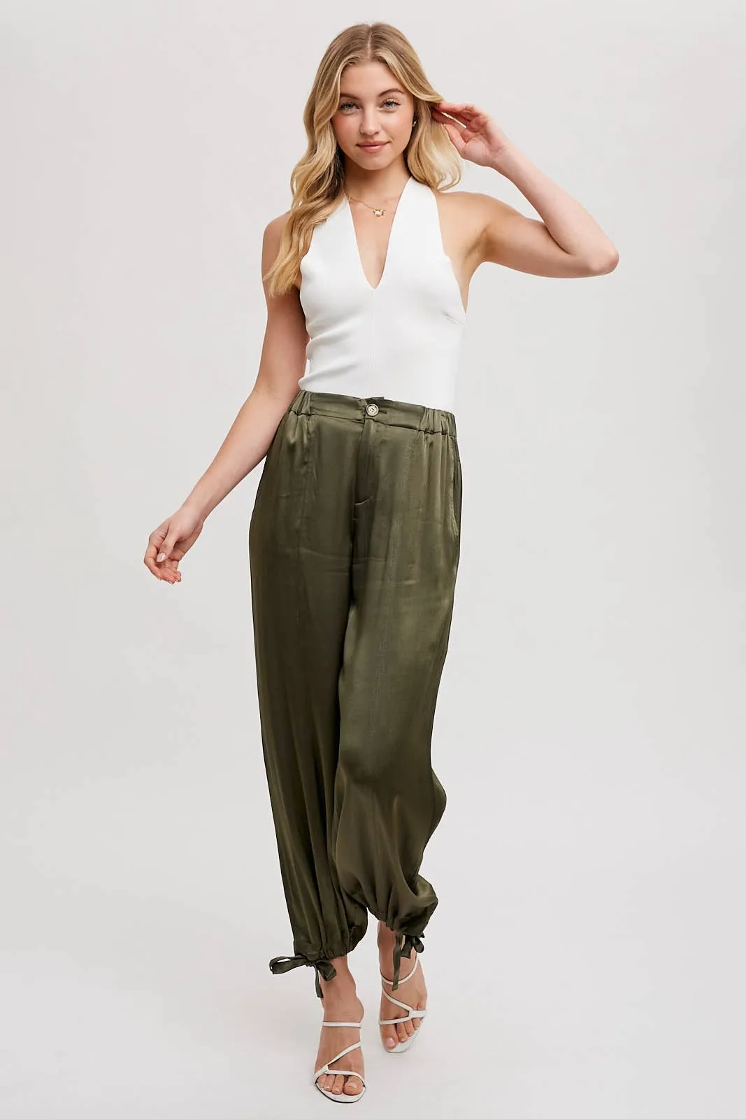 SATIN ANKLE HEM CARGO PANTS