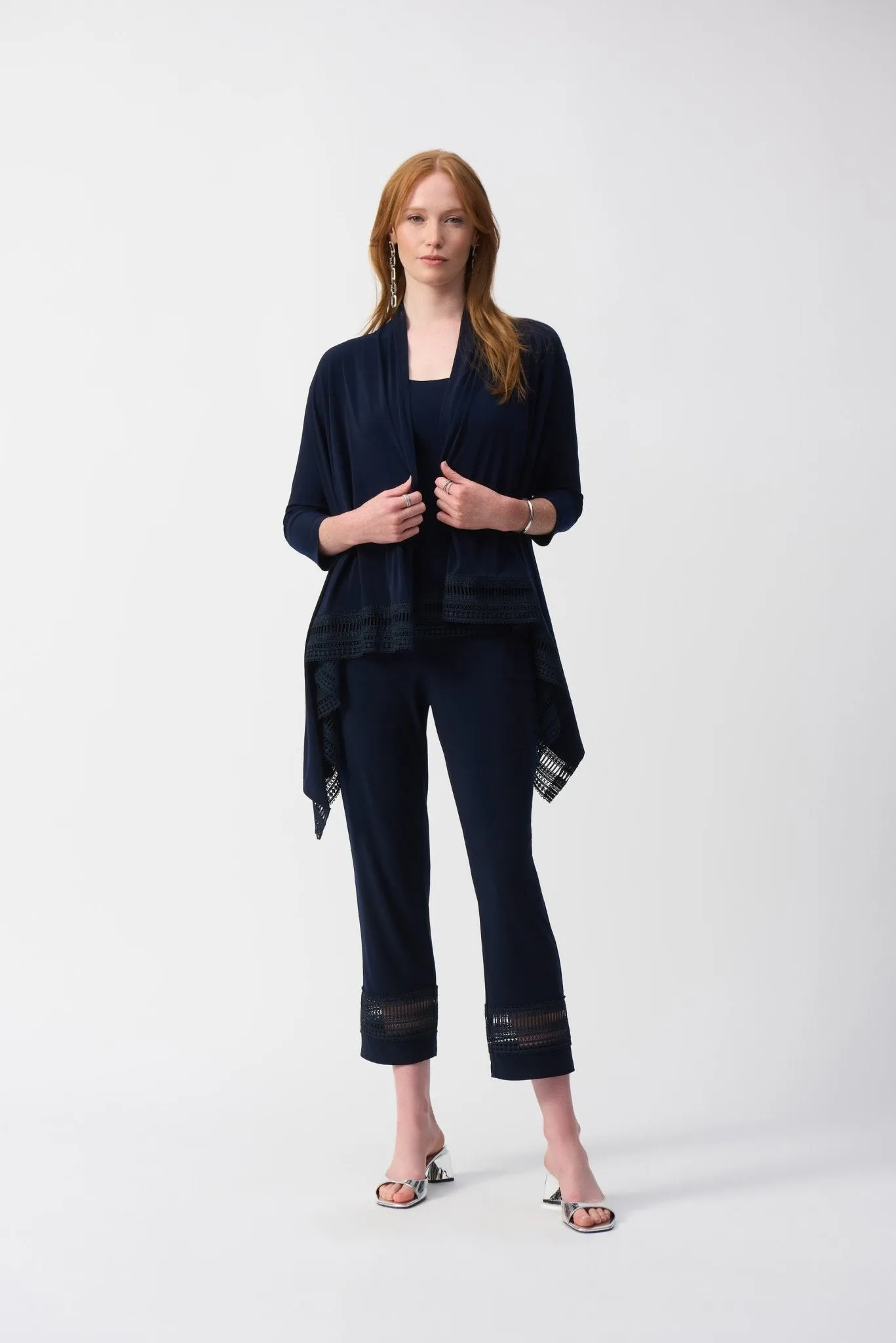 Silky Knit Straight Pants With Guipure Detail