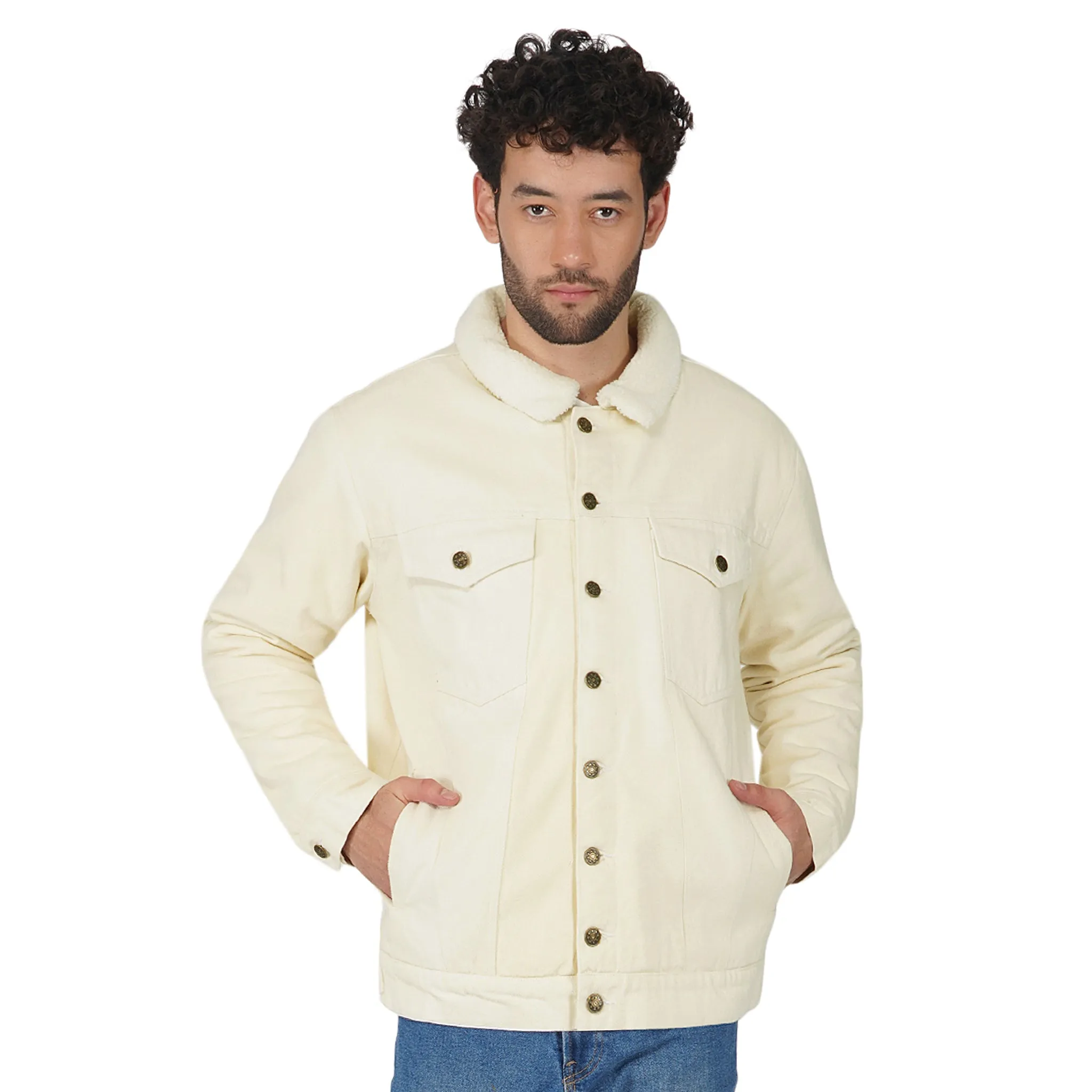 SLAY. Men's Full Sleeves Off-white Solid Button-Down Denim Jacket with Faux-fur Lining