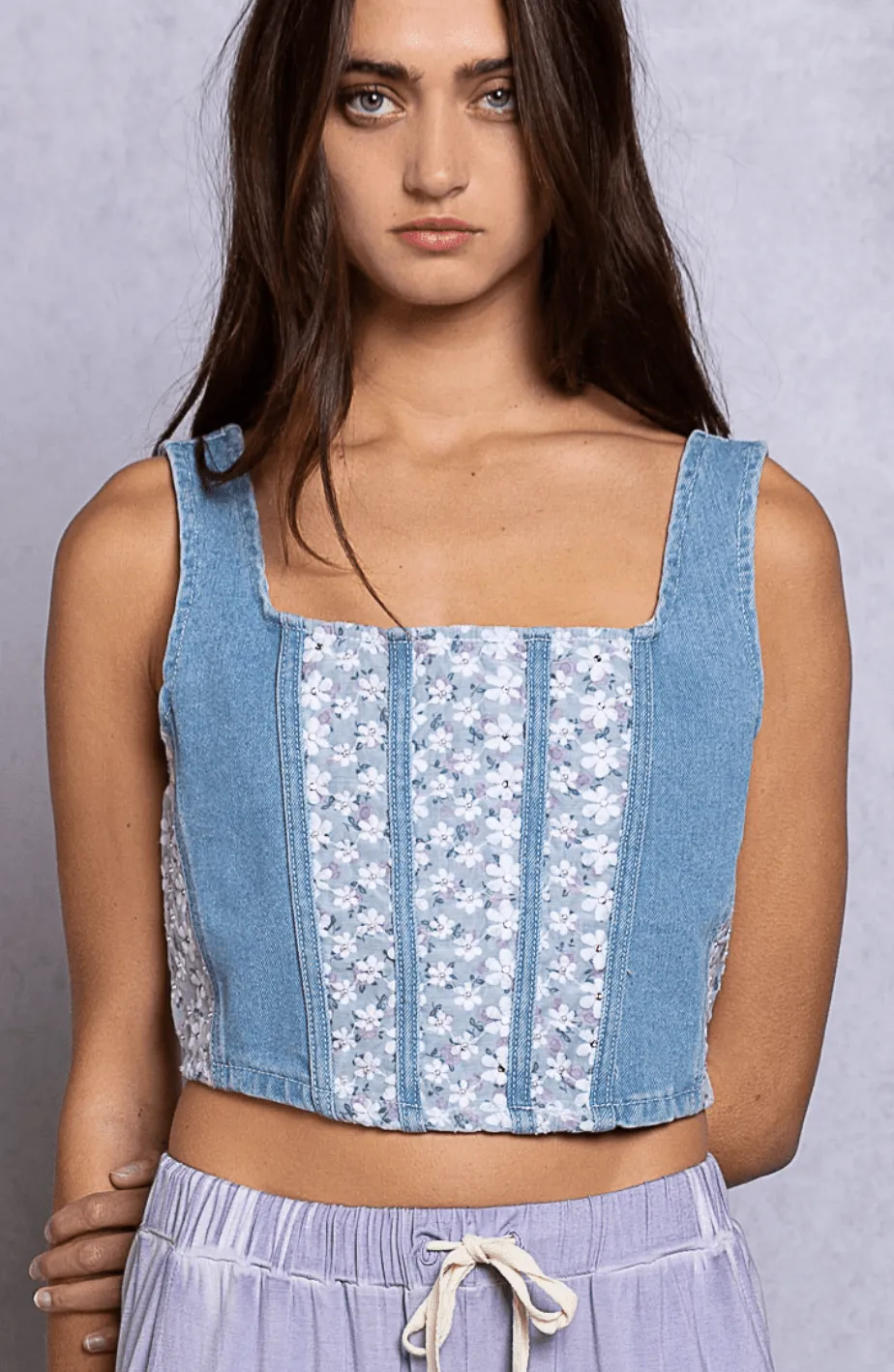 Sleeveless flower lace insert denim top by POL YKT746