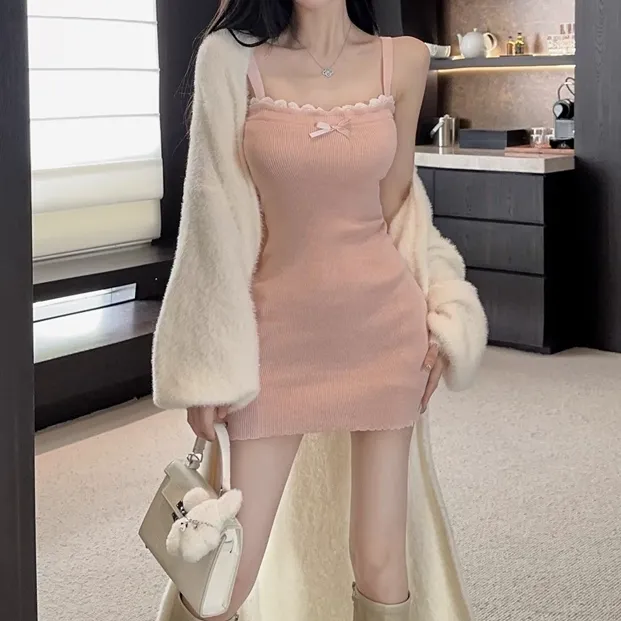 Slim Knitted Suspender Dress Plush Cardigan