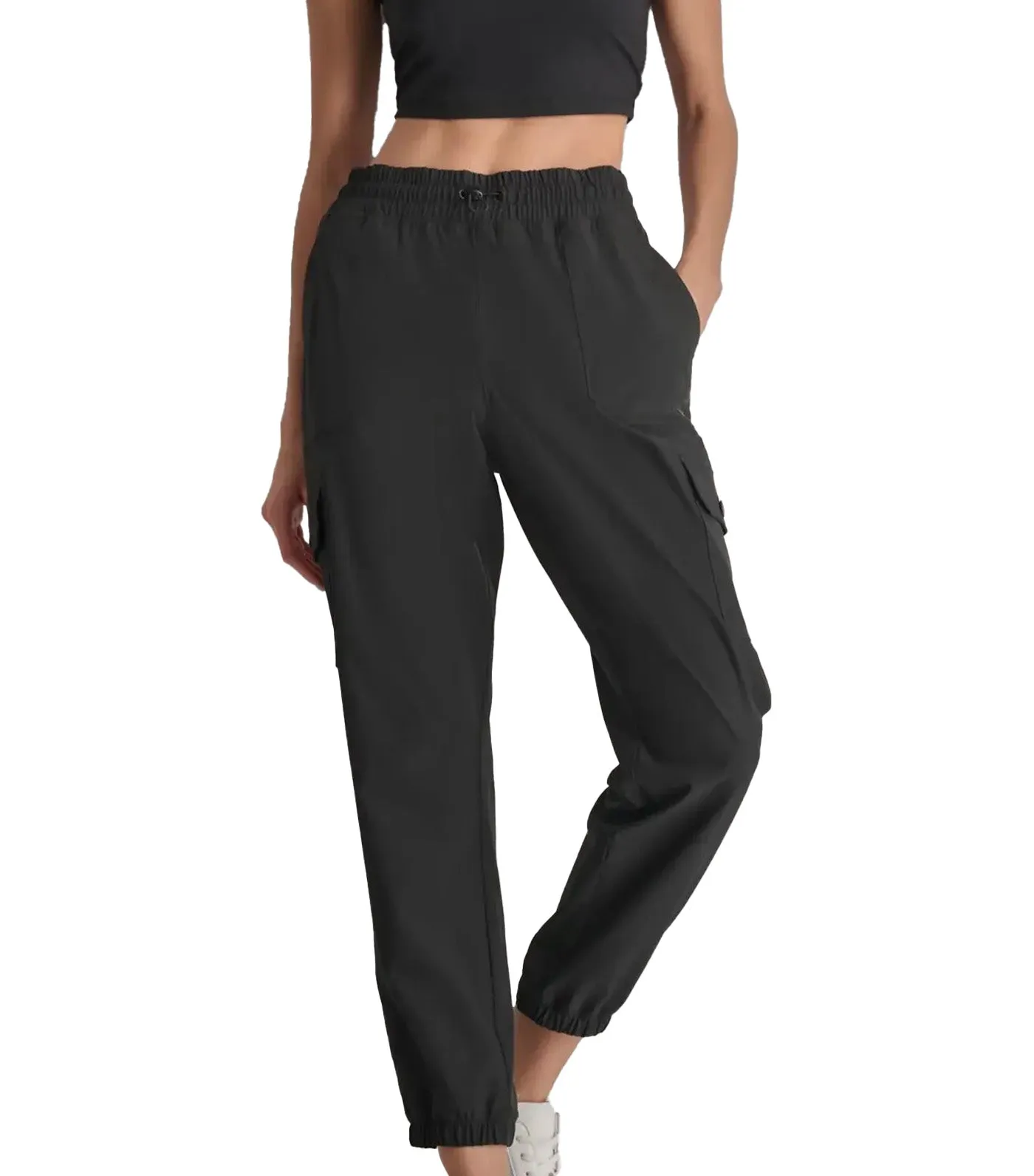 Smocked Waist Cargo Jogger with Bungee Drawcord Black